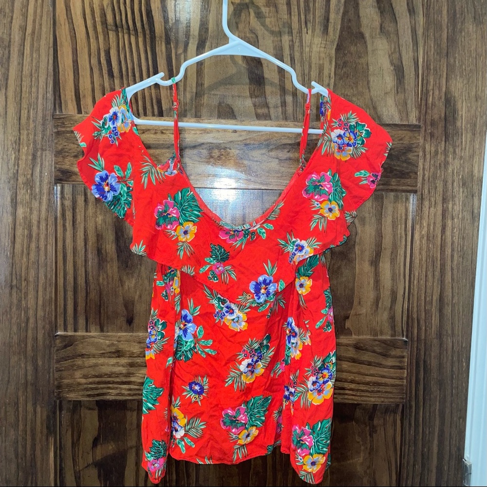 Old Navy L Red multi floral flounce off the shoulder top